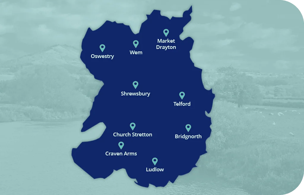 A dark blue map of the West Midlands with a pale blue background