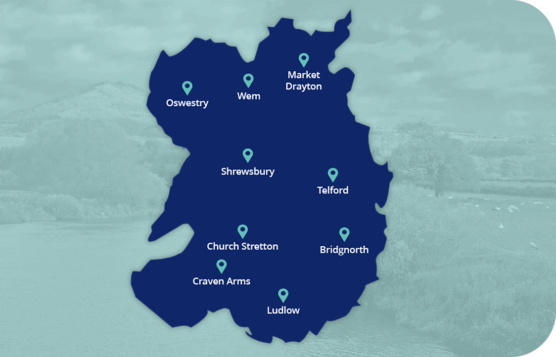 A dark blue map of the West Midlands with a pale blue background