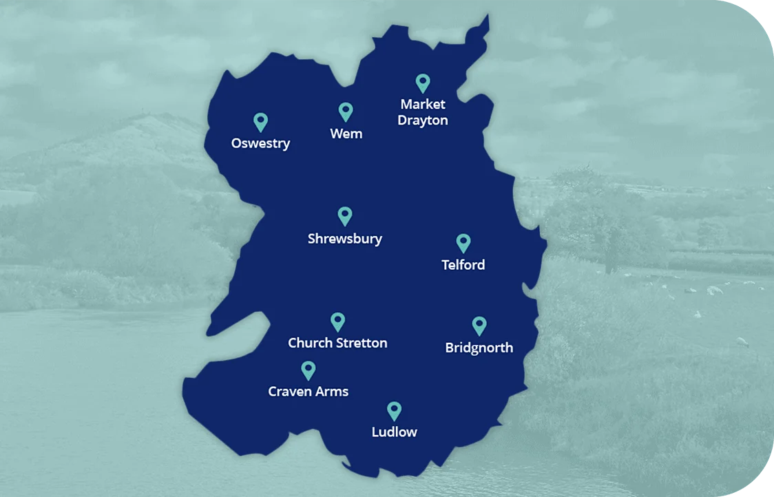 A dark blue map of the West Midlands with a pale blue background