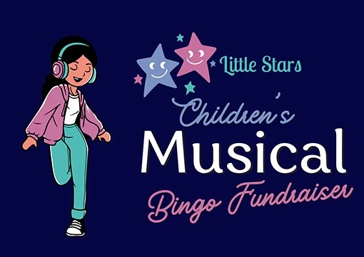 Colourful children's musical bingo fundraiser event poster featuring a girl listening to music with stars.
