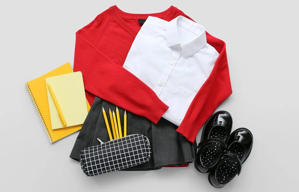 School uniform with red sweater, white shirt, grey skirt, black shoes, and stationery.