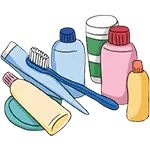 Colourful baby toiletries set with toothbrush, toothpaste, lotion, and baby care products.