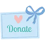 A colourful donation card with a blue ribbon and a heart symbol, promoting charity efforts for children.