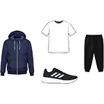 A puffer jacket, white t-shirt, black pants, and sneakers.