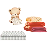 Cute plush teddy bear with blankets and bedding set for nursery decor.