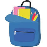 Bright blue children's backpack with books and stationery inside.