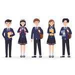 Group of diverse students in uniform outside school building, promoting education and community.