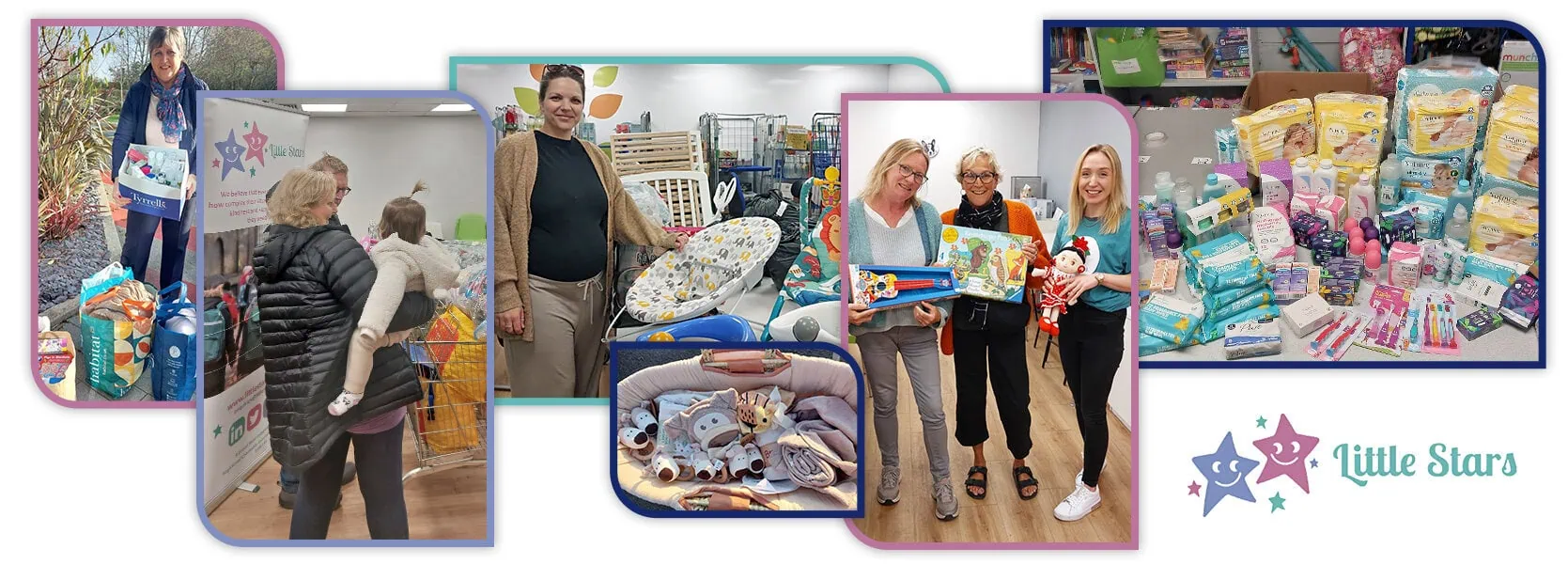 Charity donation of baby supplies, clothes, and essentials for children in need, supporting Little Stars.