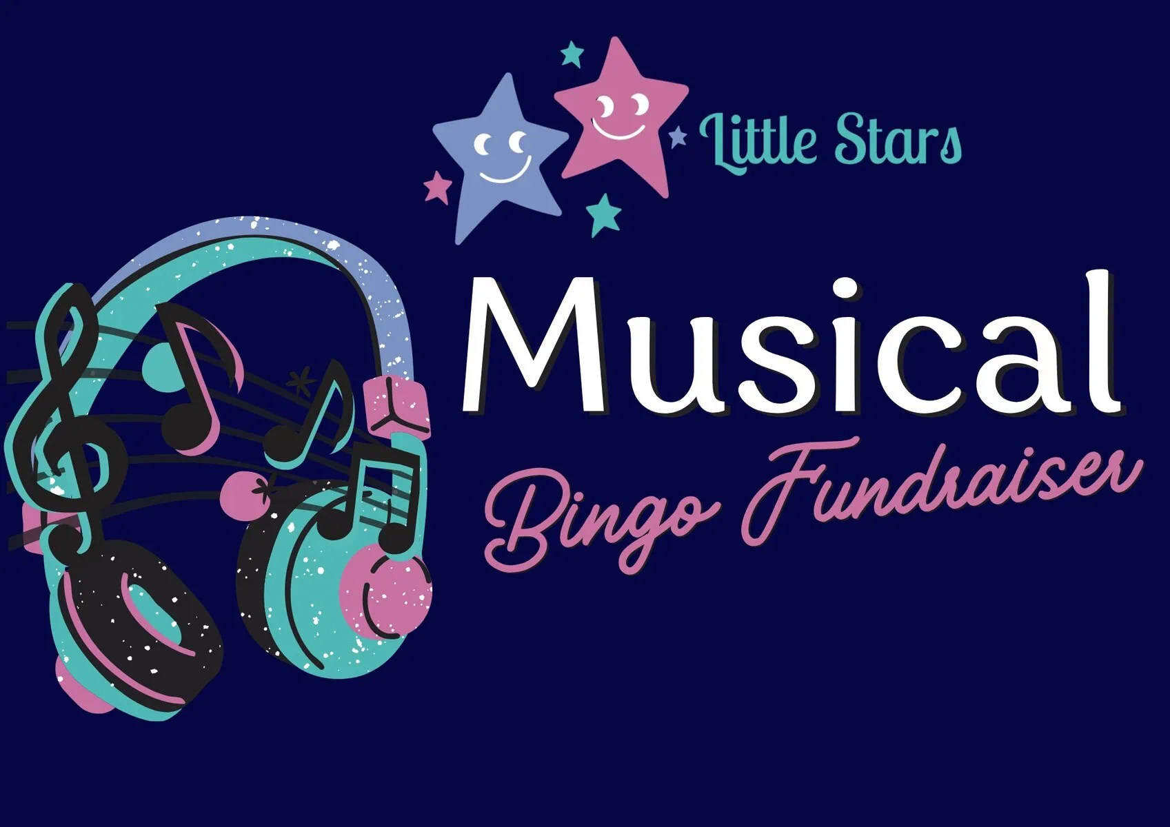 Colourful musical event poster featuring stars, headphones, and musical notes for children's bingo.