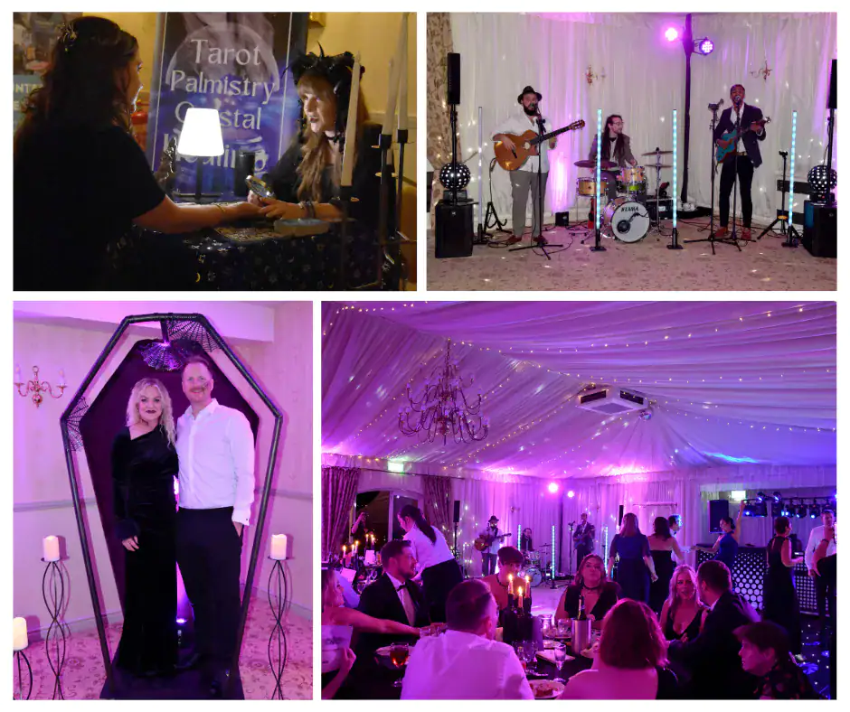 a collage of images from the evening, the band, palm reader, backdrops and dance floor