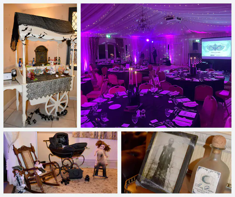 venue and tables and decorations collage of images